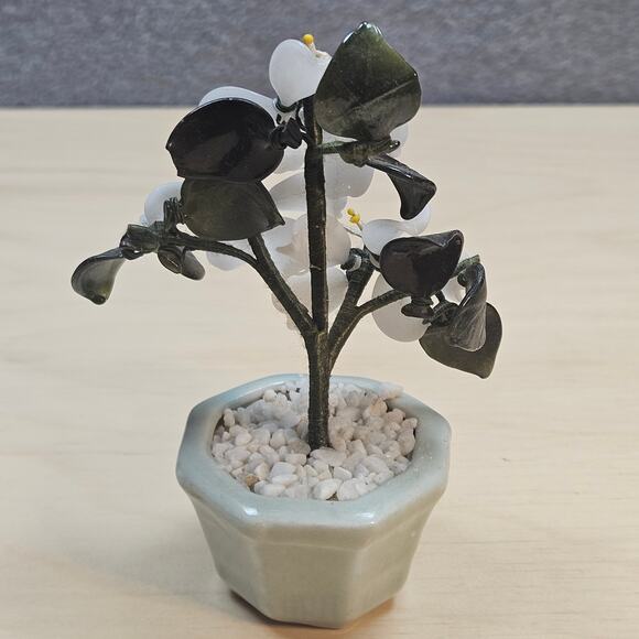 Rare VTG Chinese Art Glass Bonsai Tree Sculpture White Quince Flowers in Pot - Picture 4 of 7